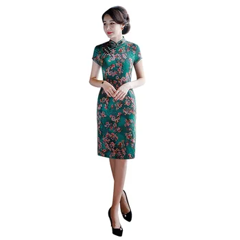 

Green Print Flower 100% Natural Silk Lady Qipao Oversize 3XL Slim Cheongsam Sexy 2020 New Chinese Party Prom Dress Vestidos