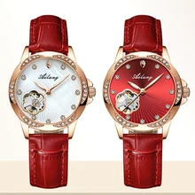 

2021 Luxury Brand High Quality Automatic Mechanical Women Watch Hollow Diamond Ladies Waterproof Wristwatch Red Leather XFCS New