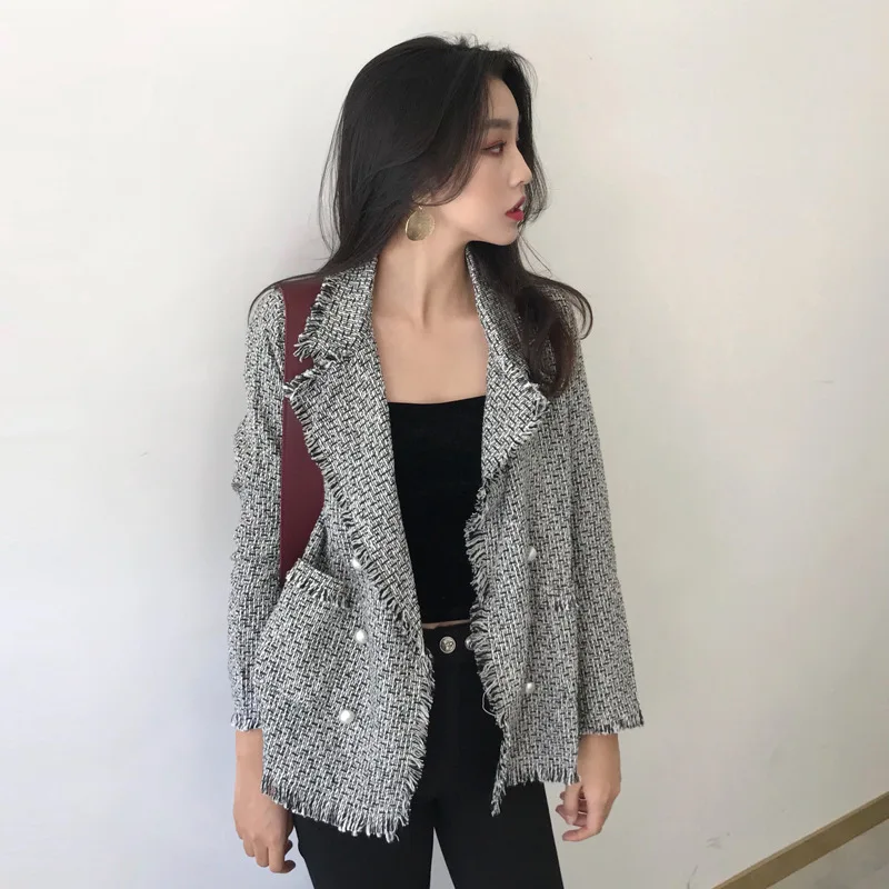Hong Kong Flavor CHIC Wind Turn-down Collar Coat Tops Slim Fit Slimming Casual Tassels Edge Suit