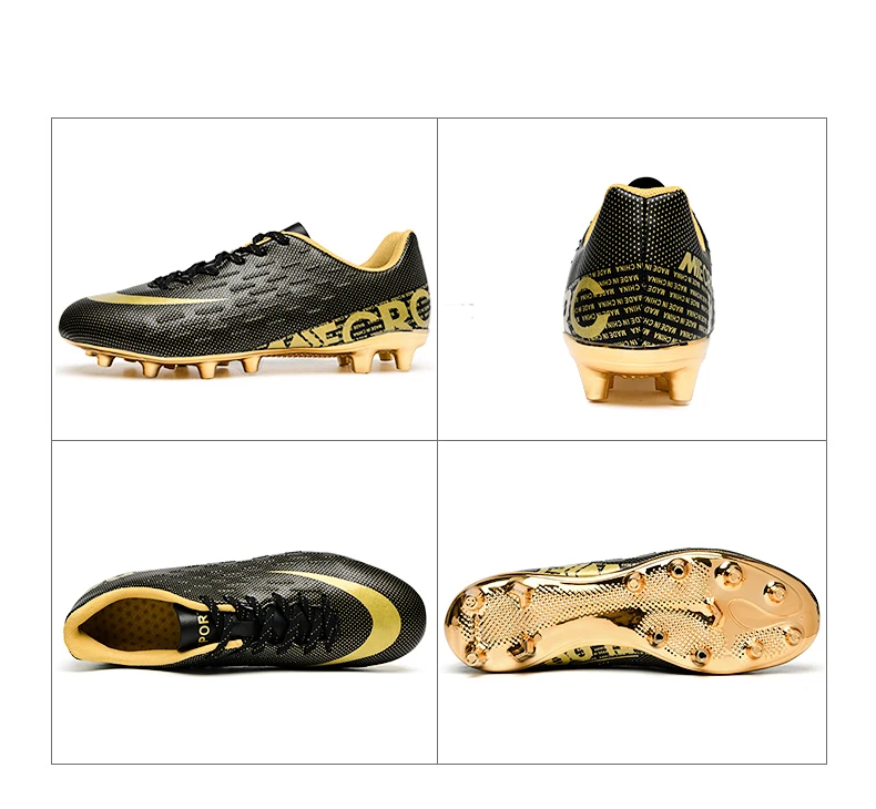 Спортивная обувь с шипами для футбола; высокие футбольные бутсы; коллекция года; Цвет черный, золотой; уличные мягкие футбольные кроссовки; мужские детские ботильоны