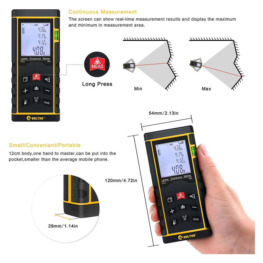 Лазерный измеритель расстояния 262Ft/80 M/In/Ft с пузырьковым уровнем, BOLTHO измерение расстояния, площади и объема, режим Пифагора