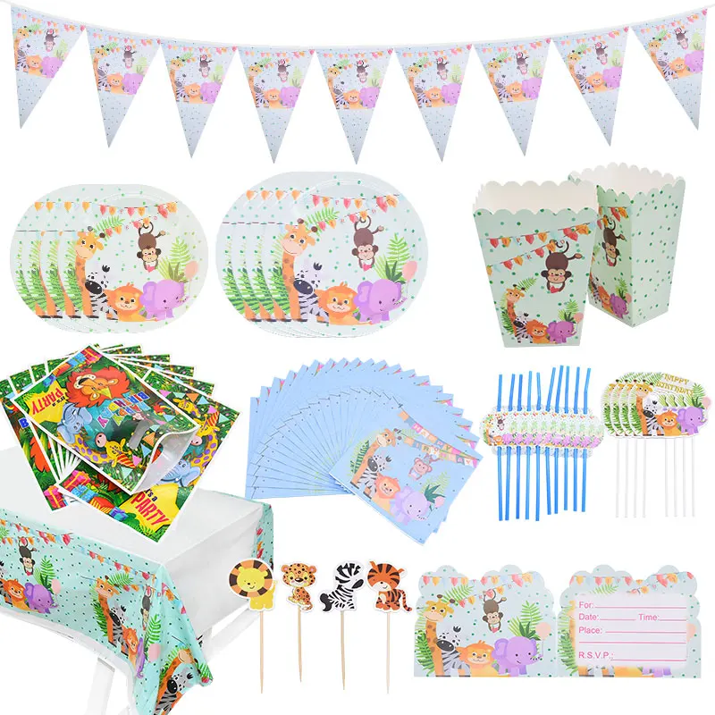 

Jungle Party Tableware Cute Animal Plates Popcorn Box Candy Bags Straws For Kids Birthday Party Decoration Theme Party Supplies