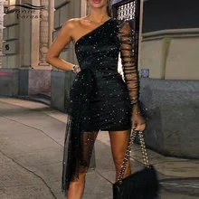Женское облегающее платье на одно плечо с рукавами-фонариками, сексуальные платья с блестками, женские вечерние платья, Черное мини стрейчевое пляжное платье