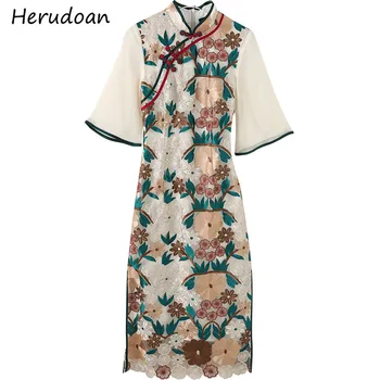 

Herudoan Fashion Designer Classic Vintage Summer Midi Dress Women Stand collar Pipa Buckle Flowers Embroidery Ladies Mesh Dress