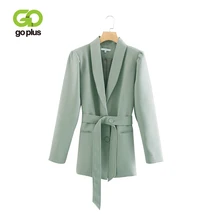 GOPLUS Women's Blazer and Jackets Plus Size Green Blazers with Sashes Office Lady Long Jackets Veste Femme Longue Chaqueta Mujer