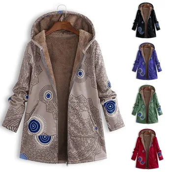 

Female coat women's windbreaker тренч ropa Cotton winter jacket Warm Outwear Print Hooded Pockets Vintage Oversize h4
