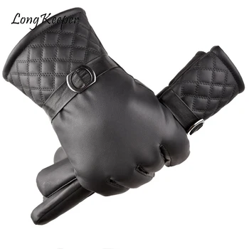 

New Winter Warm Men's PU Leather Gloves Solid Black Thicken Full Finger Mittens Male Outdoor Motorcycle Driving Cycling Guantes