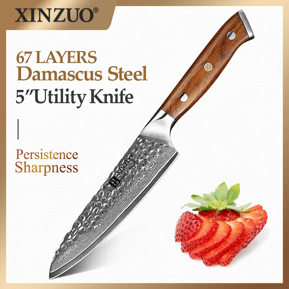 XINZUO 5" Utility Knife Damascus Steel Kitchen Knives VG10 Core Fruit North America Desert Ironwood Handle | Дом и сад
