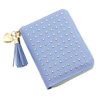 

Fashion Trend Solid Color Women's Small Change Mini Money Bags Short Tassel Rivet Dark Leather Card Holder Wallet Purse Bag #15