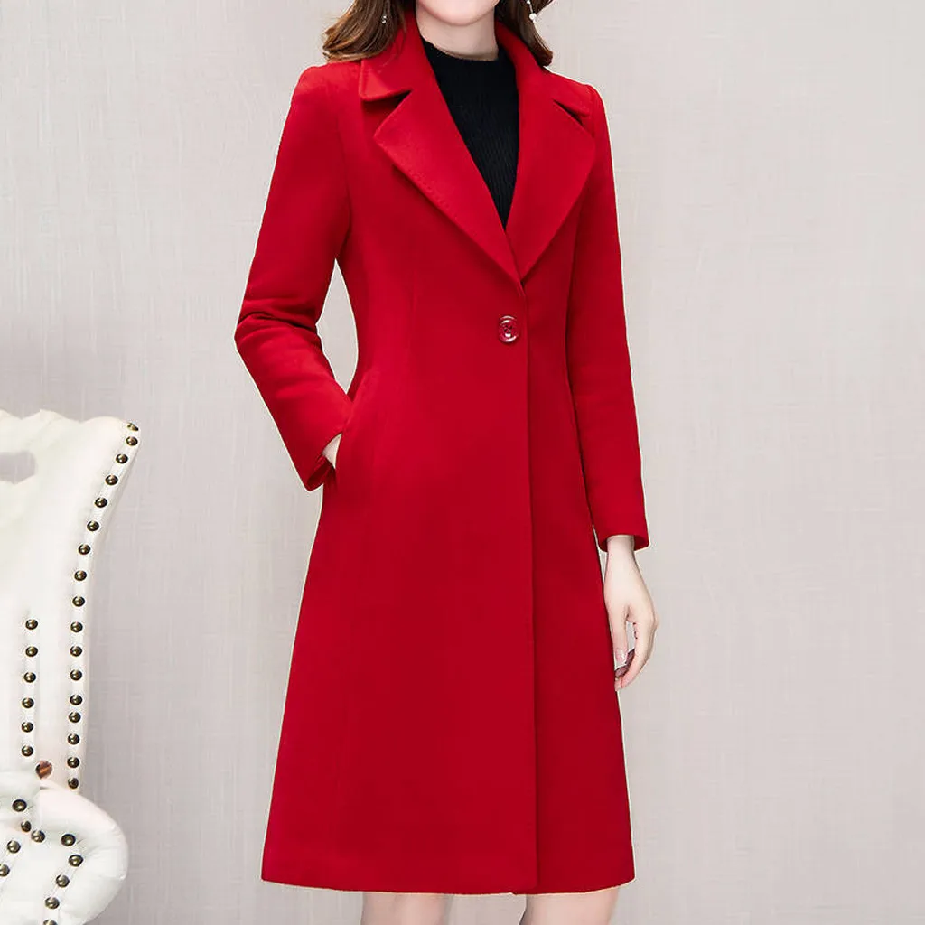 KANCOOLD Женская Длинная тонкая шерстяная ветровка с отворотом, осенняя куртка, повседневное теплое длинное пальто с отворотным воротником и длинным рукавом, зимняя куртка - Цвет: Красный
