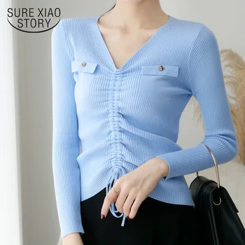 

Autumn 2019 New Fashion Knitted Sweater Chest Pocket Drawstring Sweater Bow V Collar Long Sleeves Bottom Women Sweater 6043 50