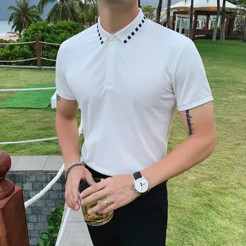 

High Quality Rivets Decor Turn Down Collar Polo Shirt Men Short Sleeve Summer Slim Fit Casual Polos For Men Clothes 2020 Polos