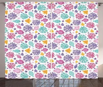 

White Multicolor Violet Curtains Numerous Colorful Maritime Nautical Fishes Algae Starfishes Rockweeds Design Living Room Windo