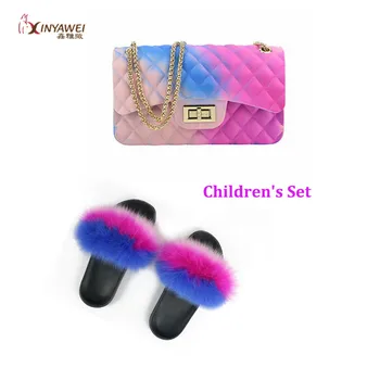 

100% Genuine Fox Fur Fur Slippers For child, Rainbow Shoes, Cute Fur Flip Flops, girl Travel Shoes, Jelly Bag Set, Fashion Bag