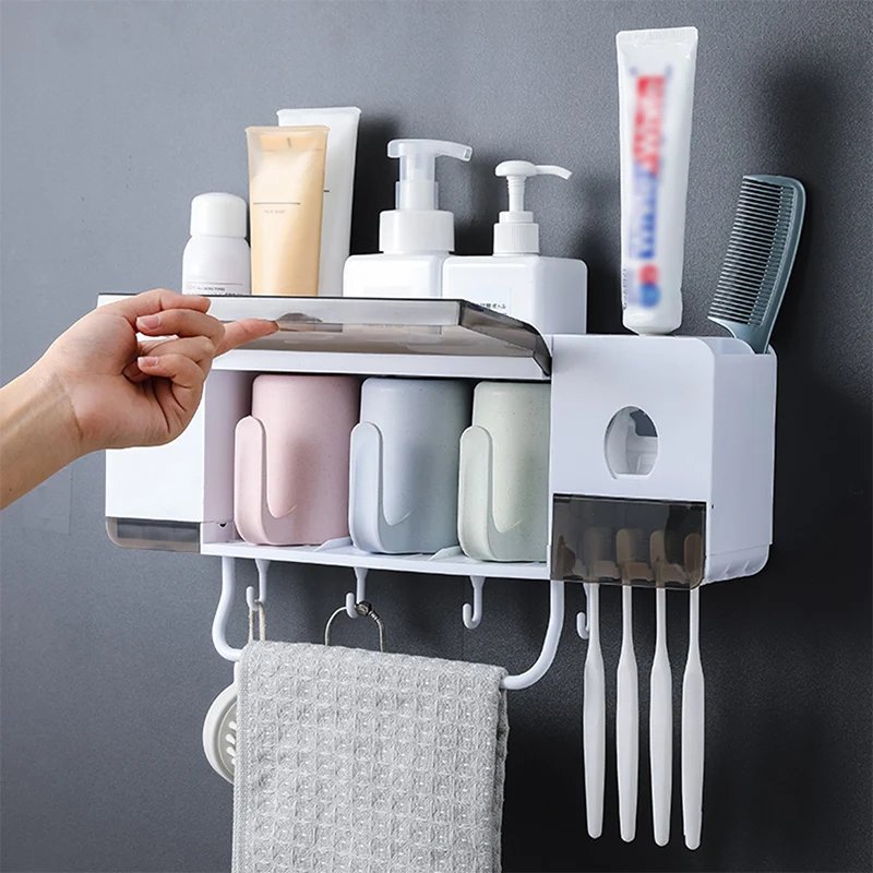 

Toothbrush Holder with Cups Automatic Toothpaste Dispenser Squeezer Bathroom Accessories Sets Wall Mount Storage Rack Organizer
