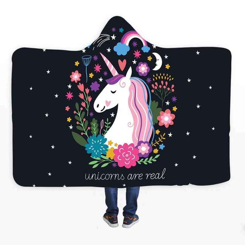 

New Unicorn Hooded Blanket for Adult Kids Soft Flowers Mermaid Blanket Sherpa Thicken Warm Napping Blanket with Hat Magic Cloak