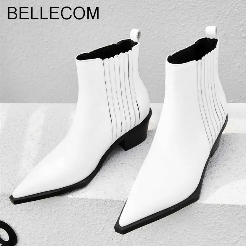 

BELLECOM New Pointed Women's Mid-boots, True Leather, Thick-heeled Boots, All-round Girls'Boots boots for women botas