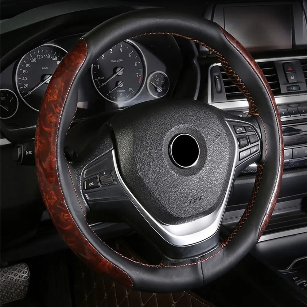 

38cm Four Seasons Universal Red Crystal Mahogany Skin +Microfiber Leather Material Braid Steering Wheel Cover Car Accessories