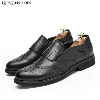 

Cow Buty Meskie Men Not Lace Up Gray Brown Pointed Toe Marriage Black Brogue Men Shoes