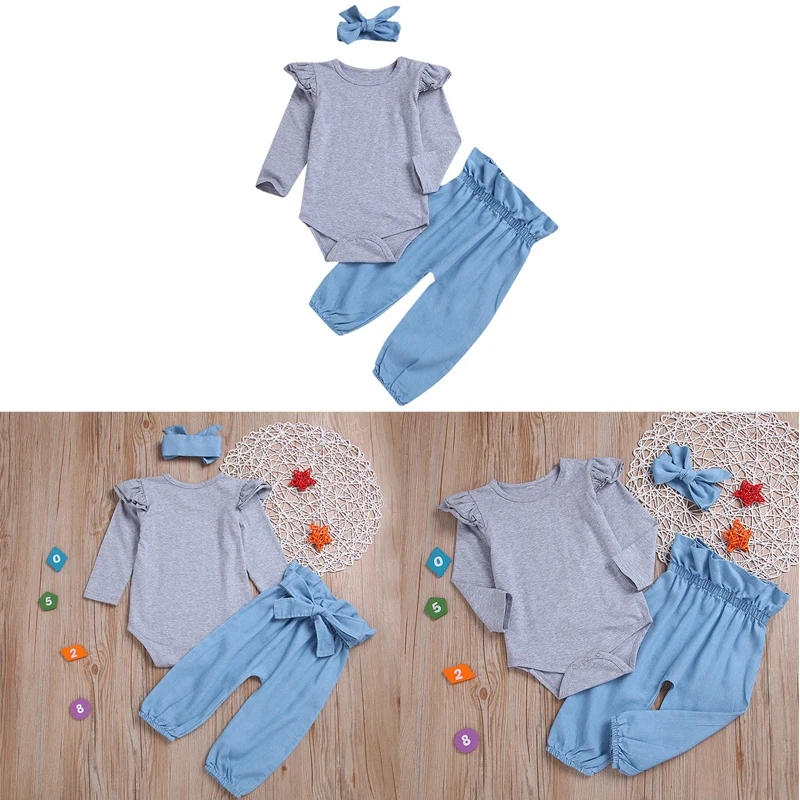 Одежда для новорожденных девочек; серая одежда с длинными рукавами и синие брюки и повязка на голову с бантом; костюм из трех предметов