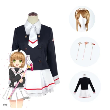 

Anime Cosplay Card Captor Sakura Cos Top+skirt+tie+socks+Wigs+staff Adult Women Halloween Party Girls Kinomoto Sakura