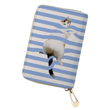 

THIKIN Blue Striped Cat Printing Women Leather Card Case Girls Student Cute ID Cards Wallet Business Credit Card Holder Custom