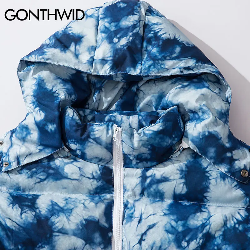 GONTHWID Tie Dye/толстая теплая парка со съемным капюшоном, куртки, хип-хоп хлопчатобумажные пуховики в повседневном стиле, парки, зимние пальто, уличная верхняя одежда