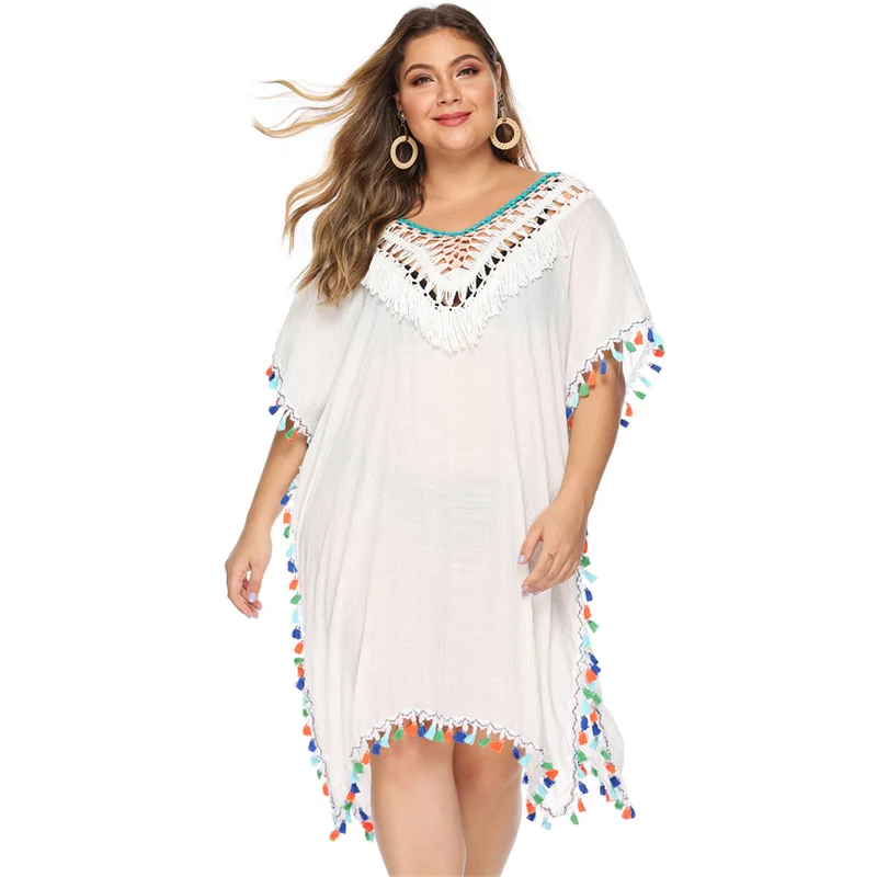 2021 Summer Women's Irregular Hand Hook Stitching Color Tassel Deep V Sexy Loose Bikini Beach Cover Up Backless Dress