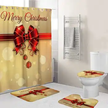 

Merry Christmas Bathroom Set Christmas Bells Pattern Waterproof Shower Curtain Toilet Cover Non-Slip Carpet New Year Decoration