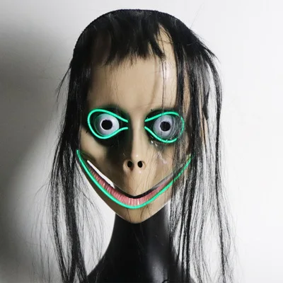 Хэллоуин Momo светодиодный Косплей Маска Sterna девушки косплей ужасная пластиковая маска трюк игра Веселые искусственные волосы розовый зеленый свет