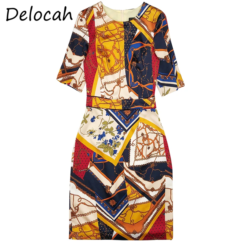 

Delocah Women Autumn Fashion Designer Party Mini Dress Short Sleeve Geometric Printed Vintage Ladies Pencil Dresses vestidos