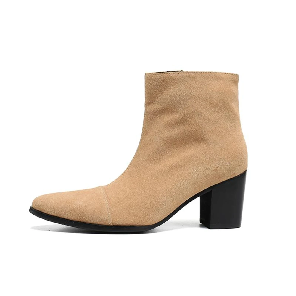 Pointed Toe Suede Leather Dress Boots Men High Heel Fashion Business Vintage Short  Ankle Chelsea Boots