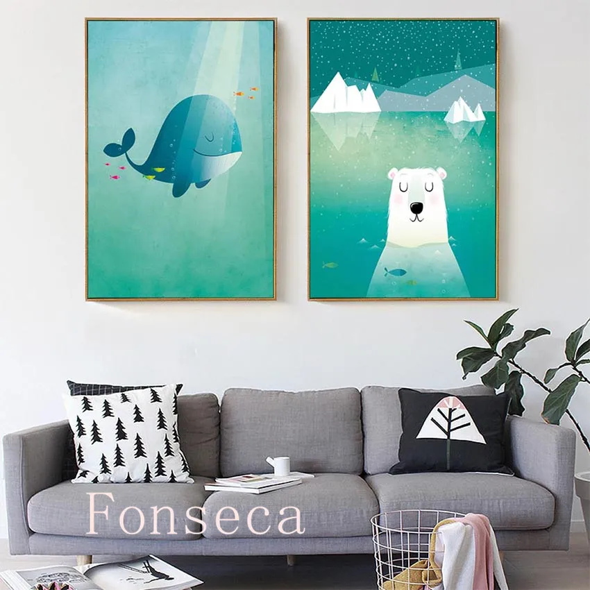 Beer Whale Blue Sea Poster Cartoon Animal Prints Wall Art Canvas Painting Picture Home Decor For Kids Room Living | Дом и сад
