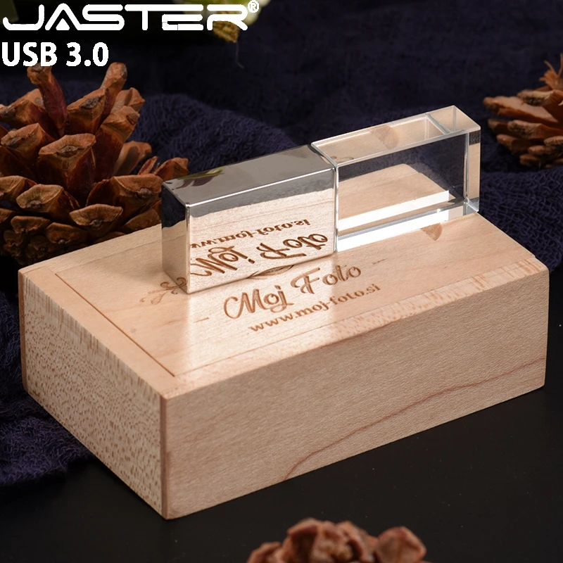 JASTER USB 3,0, деревянная коробка, Кристальный флеш-накопитель, USB флеш-накопитель, 4 ГБ, 8 ГБ, 16 ГБ, флешка, 32 ГБ, 64 ГБ, 128 ГБ, USB флешка с индивидуальным логотипом