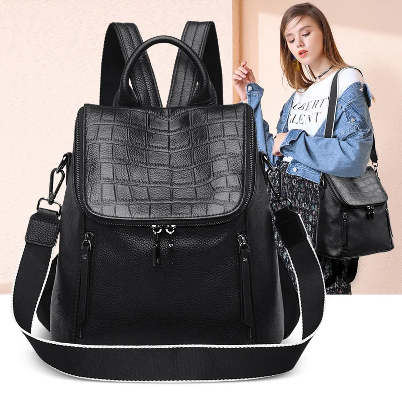 

YILIANNew leather double shoulder bag women's head leather fashion crocodile design dual purpose large capacity Backpack