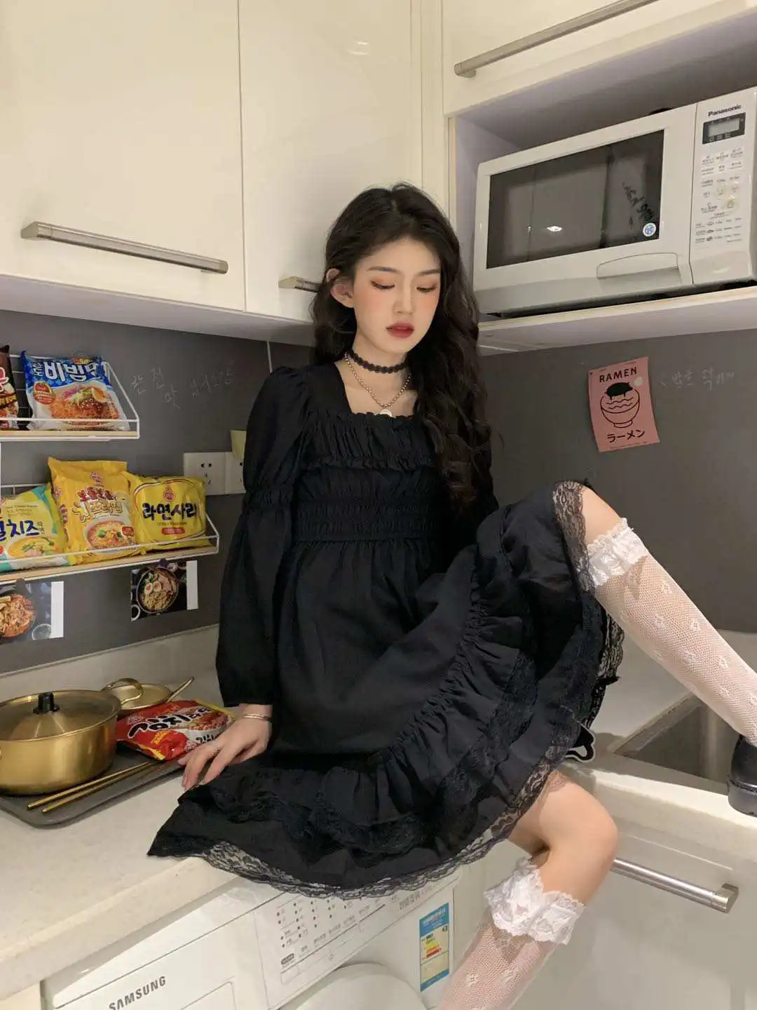 Long Sleeve Dress Women Vintage Black 