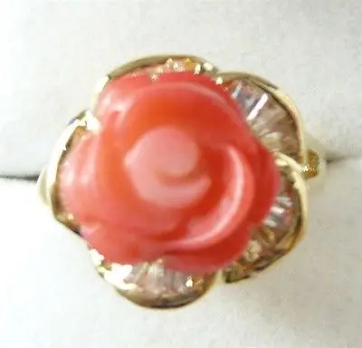 

12mm pink Coral Crystal Flower Ring US size 6 7 8 9# Crystal ringe wide Girl Genuine Natural stone gems Fortune Fine jewelry