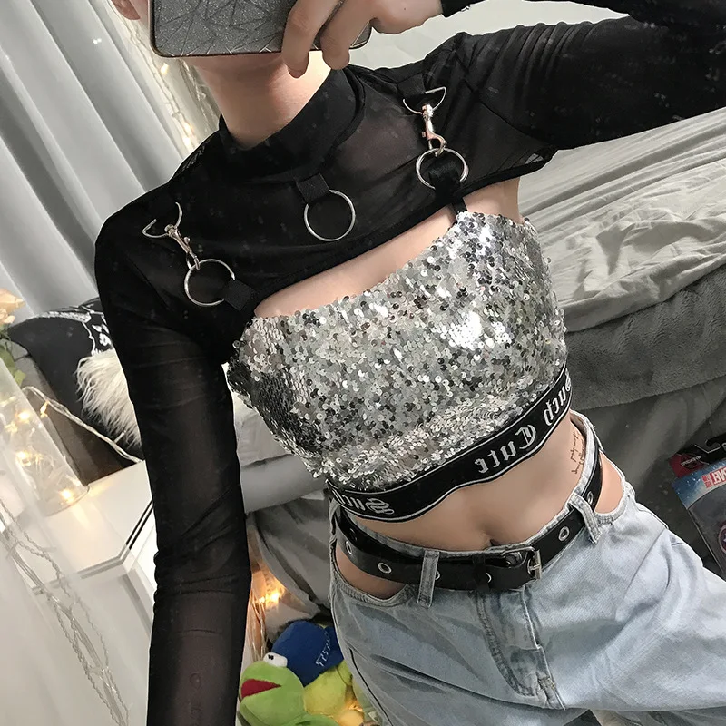 ArtSu рубашка Harajuku, черный сетчатый топ, укороченная футболка, женская панк готическая Сексуальная женская прозрачная футболка с длинным рукавом, осенняя ASTS21205