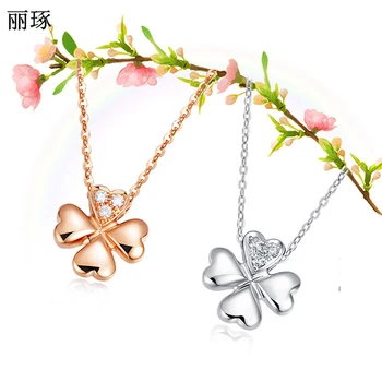 

S925 silver initial necklace female inlaid zircon four-leaf clover necklace simple sterling silver clavicle chain pendant