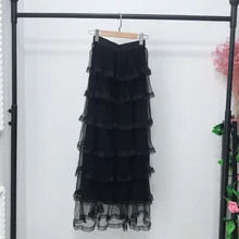 Черная сетчатая фатиновая многослойная юбка Осенняя женская элегантная плиссированная длинная юбка Милая Розовая серая эластичная высокая талия мусульманская Повседневная Макси юбка
