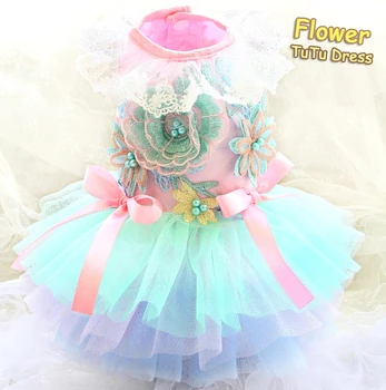 

Free Shipping Handmade Dog Clothes 3D Embroidered Pearl Lace Collar Dog Dresses Pet Tutu Cat Outfit Candy Color Cute Apparel