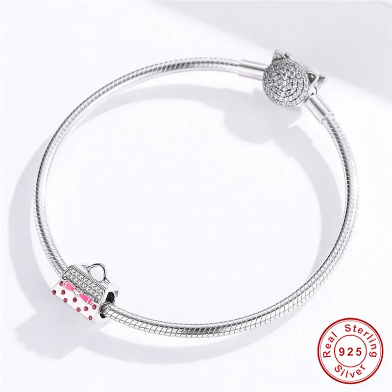 Подходит для браслета Pandora, серебро 925,, CZ, розовый бант, сумочка, бисер, S925, эмаль, милый модный узел, сумка, Подвески для изготовления ювелирных изделий