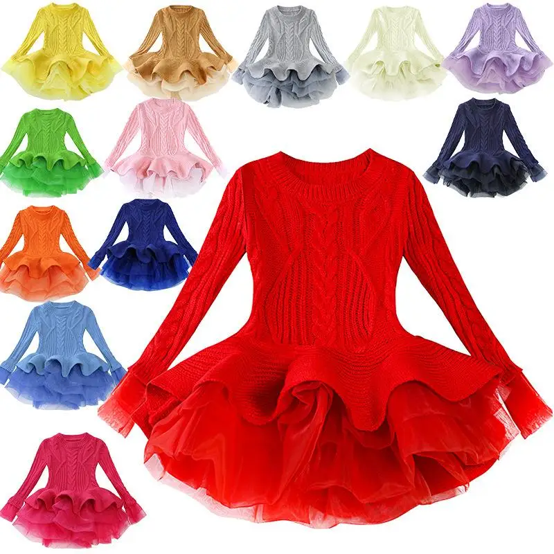 

Girls dress Spring Autumn Kids clothes Knitted Long-Sleeve Princess Sweater Dress Organza Bottom fashion Tutu dress girl 2-8y