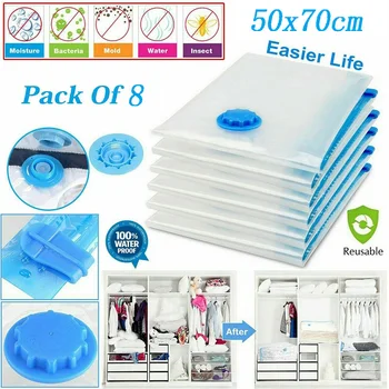 

White Vacuum Seal Storage Bag Space Saving Cloths Travel Container Set Kit 8pcs