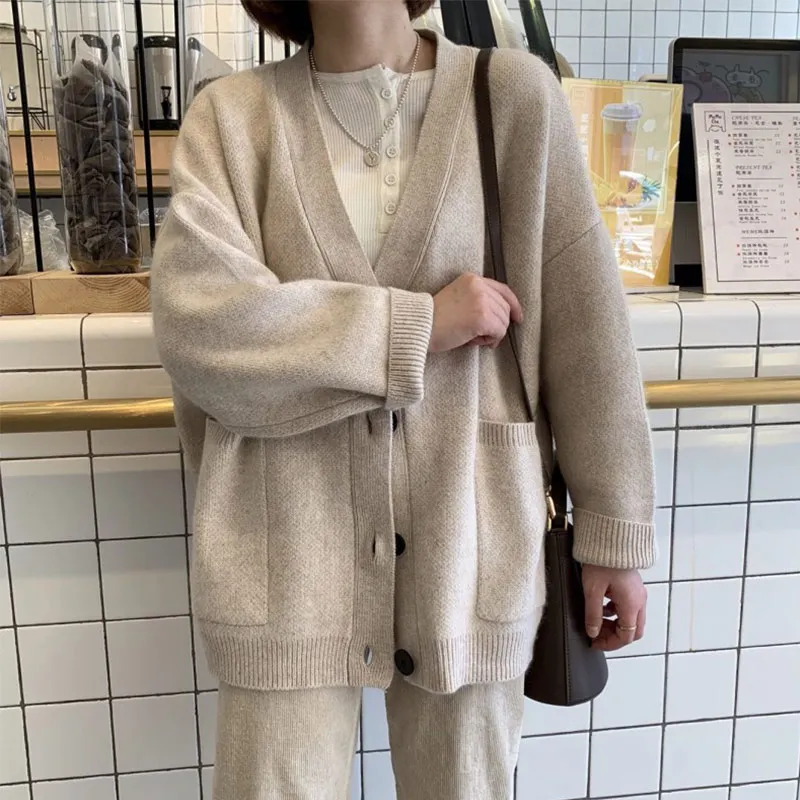 Женский винтажный вязаный кардиган Harajuku однобортный свободный Однотонный