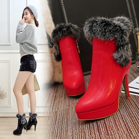 

2019 Women Ankle Boots Woman Shoes Ladies Winter Boots Rubber Faux Fur Warm Short High-Heel Boots Thin Heels Platform Boots