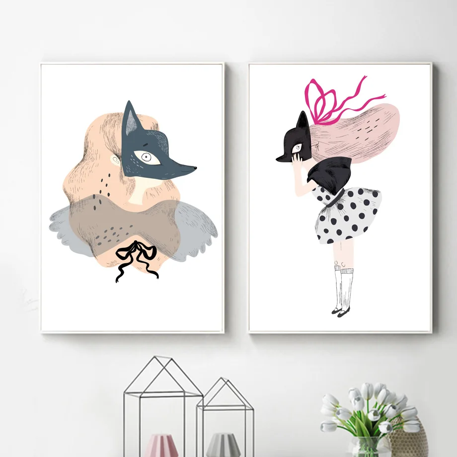 Женская маска лисы настенные художественные принты минималистичный Настенный