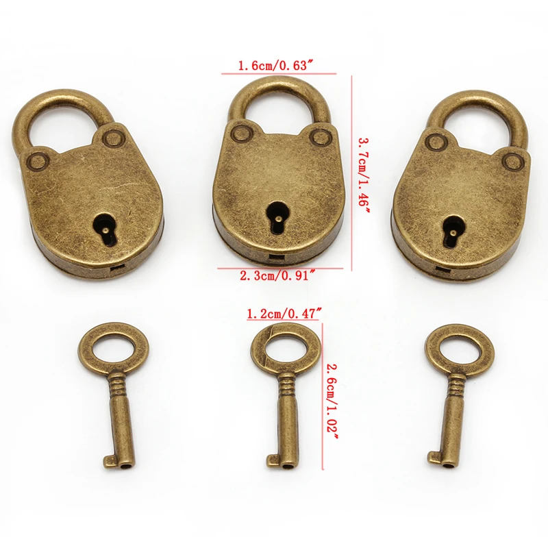 Vintage antigo estilo antigo mini archaize cadeados fechadura com chave (lote de 3)