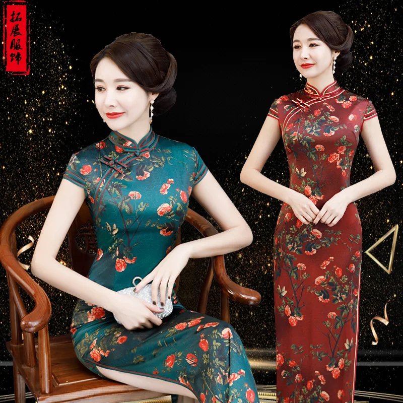 

2019 Spring Summer New Style Long Improved Cheongsam Short Sleeve Improved Slim Fit Silk Cheongsam Catwalks Middle-aged Women Dr