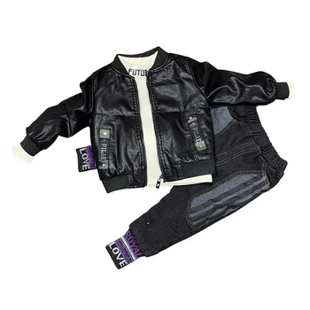 

3PCS WLG boys winter clothing set kids velvet PU jacket white thick hoodie and black jean set baby boy warm clothes 2-6 years